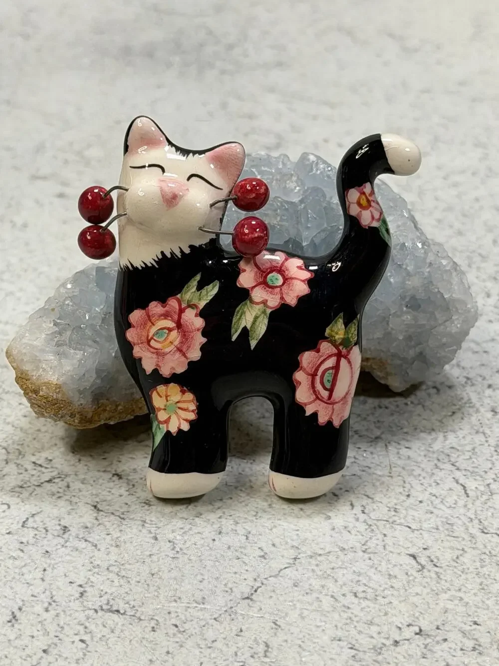 Amy Lacombe Floral Cat Pin brooch whimsical clay artist artisan jewelry
